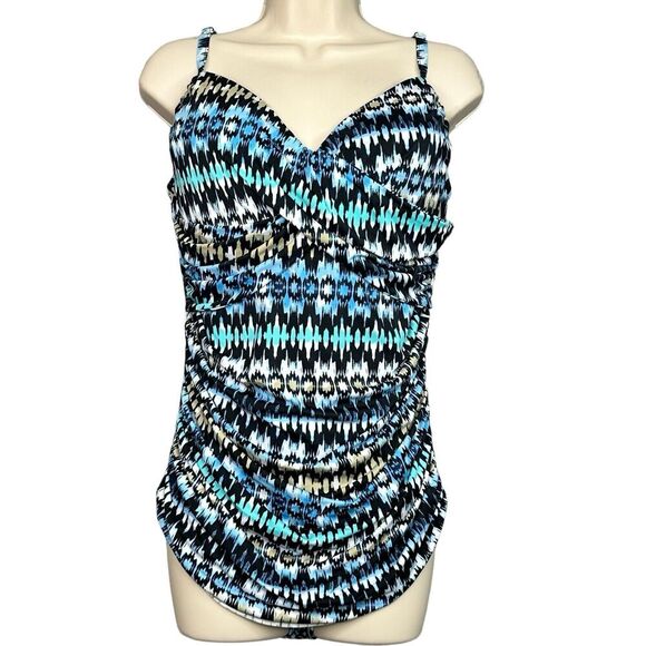 Fit 4U Swimsuit One Piece Sz 16 Blue Abstract Print Ruching Sweetheart Neckline - Picture 1 of 15